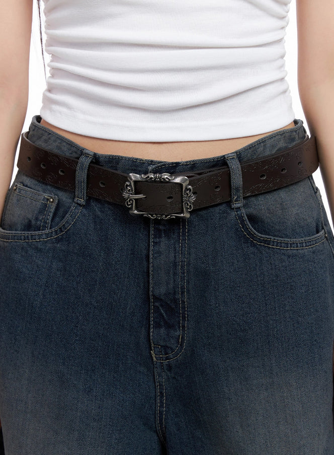 square-buckle-faux-leather-belt-is525 / Dark brown