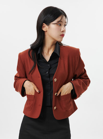 collarless-crop-blazer-jacket-oo312 / Dark brown