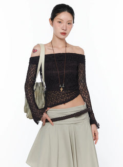 sheer-off-shoulder-lace-top-ca524 / Dark brown