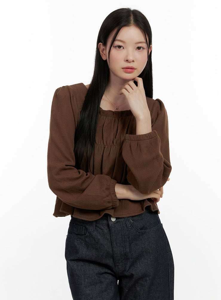 corduroy-square-neck-blouse-on408 / Dark brown