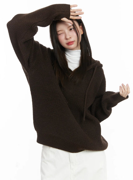v-neck-knit-hoodie-cj507 / Dark brown