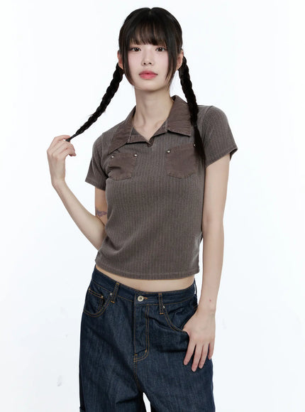 studded-pocket-collared-tee-cg511 / Dark brown