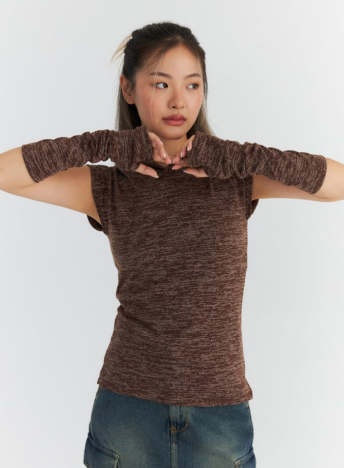 hooded-cap-sleeve-top-and-arm-warmer-set-co313 / Dark brown