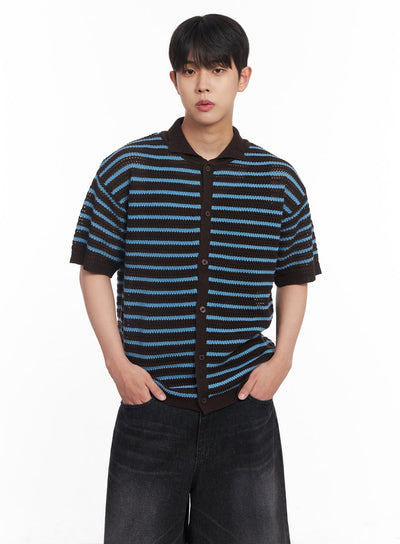 mens-buttoned-short-sleeve-sweater-iy522 / Dark brown