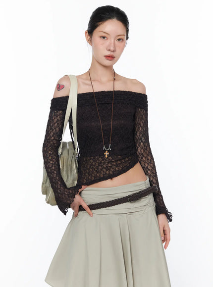sheer-off-shoulder-lace-top-ca524 / Dark brown