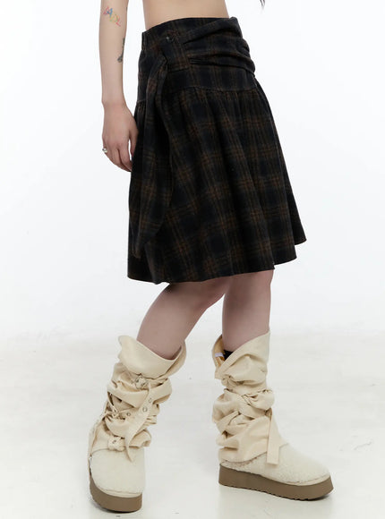 plaid-tie-wrap-midi-skirt-cn517 / Dark brown