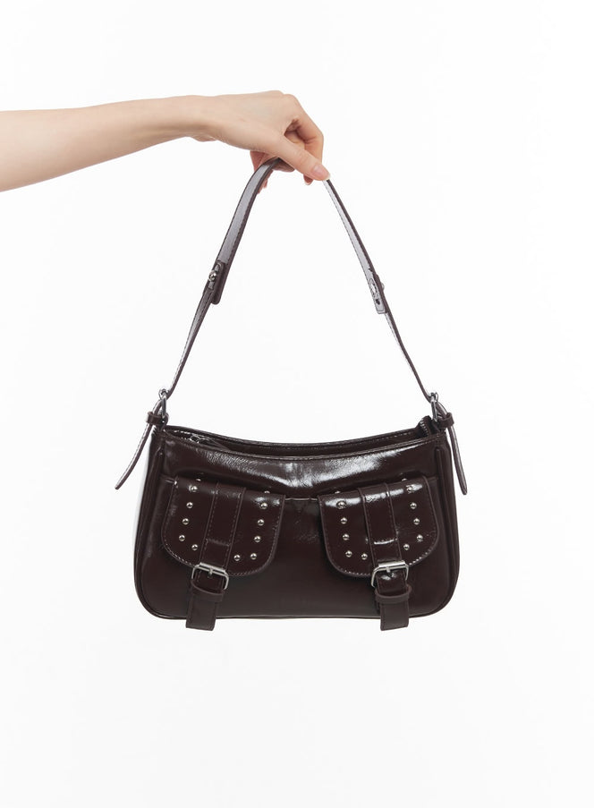 stud-pockets-faux-leather-shoulder-bag-iy516 / Dark brown