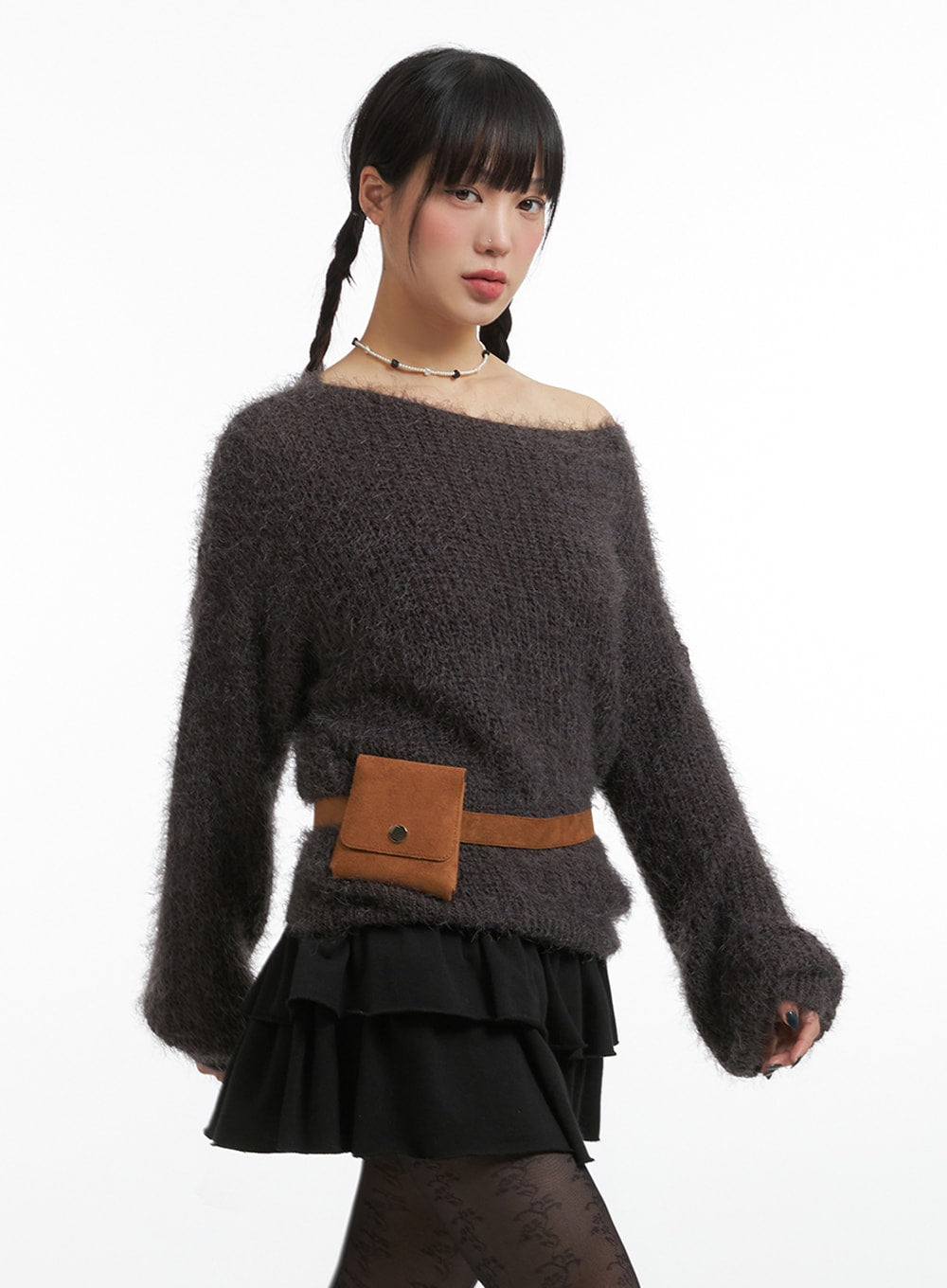 fuzzy-boat-neck-knit-sweater-ij410 / Dark brown