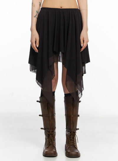 asymmetric-flare-chiffon-midi-skirt-cj523 / Dark brown