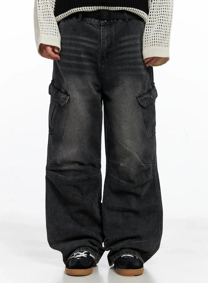 mens-double-darted-cargo-wide-leg-jeans-is509 / Dark gray