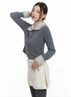 faux-fur-trim-knit-cardigan-cj506 / Dark gray