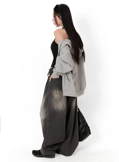 yunho-oversized-wing-print-jeans-if526 / Dark gray