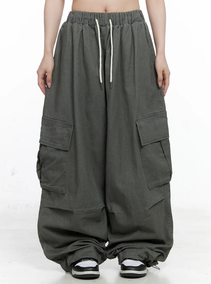banded-wide-leg-cargo-pants-co520 / Dark gray