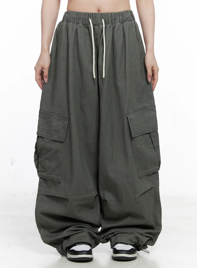 banded-wide-leg-cargo-pants-co520 / Dark gray