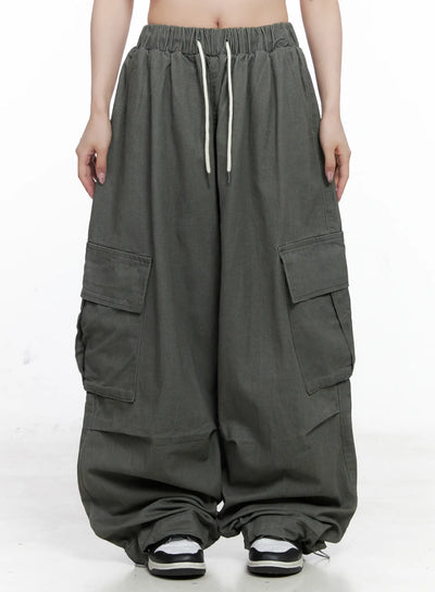 banded-wide-leg-cargo-pants-co520 / Dark gray