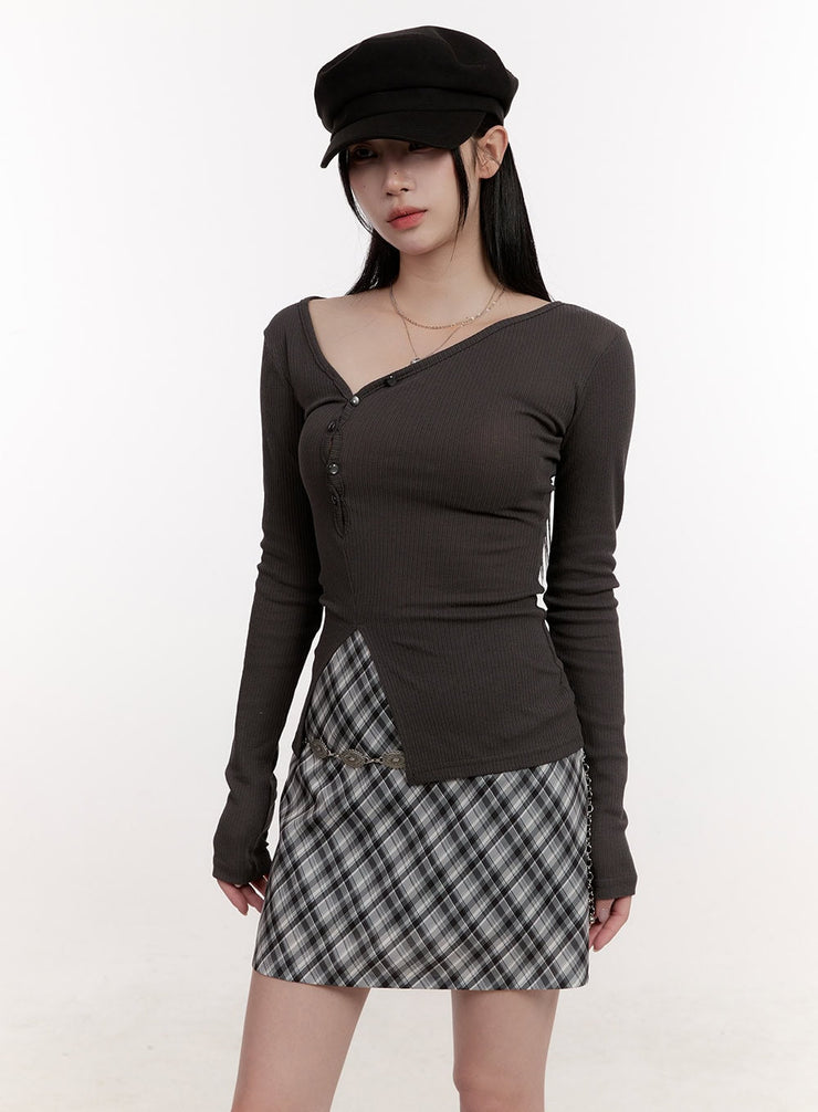 asymmetric-buttoned-slim-fit-long-sleeve-top-cj531 / Dark gray