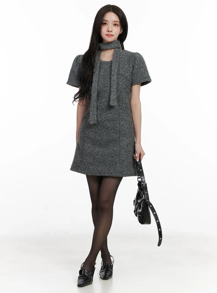 textured-mini-dress-and-scarf-set-cn526 / Dark gray