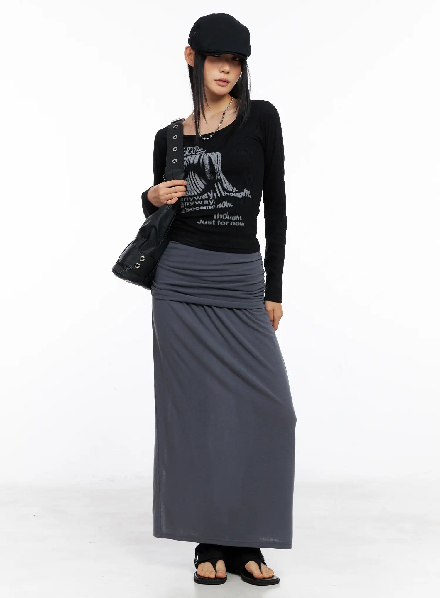 shirred-waist-side-cut-maxi-skirt-cs509 / Dark gray