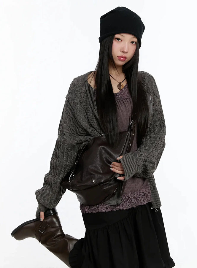 twisted-knit-zip-up-hoodie-im509 / Dark gray