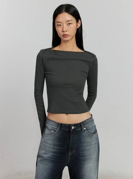 boat-neck-long-sleeve-top-ij505 / Dark gray