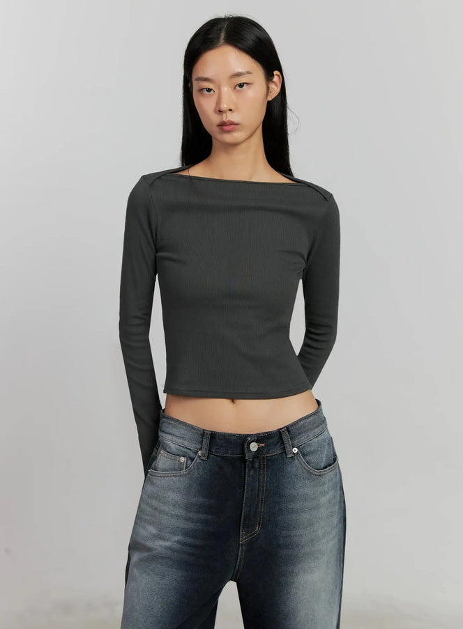 boat-neck-long-sleeve-top-ij505 / Dark gray