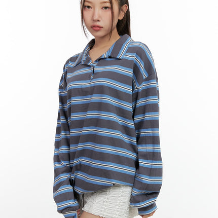 stripe-buttoned-collar-tshirt-cn412 / Dark gray