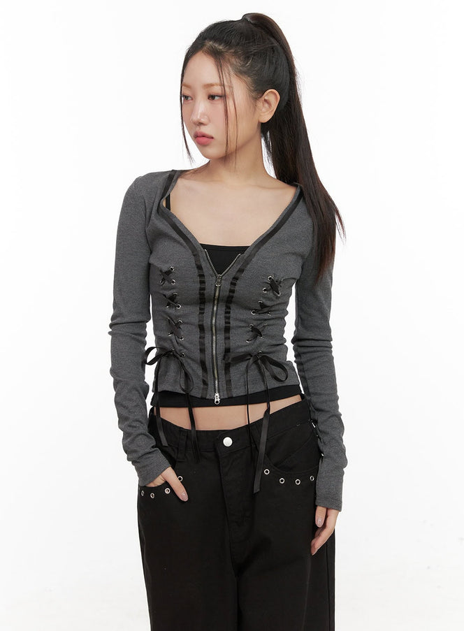 eyelet-lace-up-long-sleeve-cardigan-cd416 / Dark gray