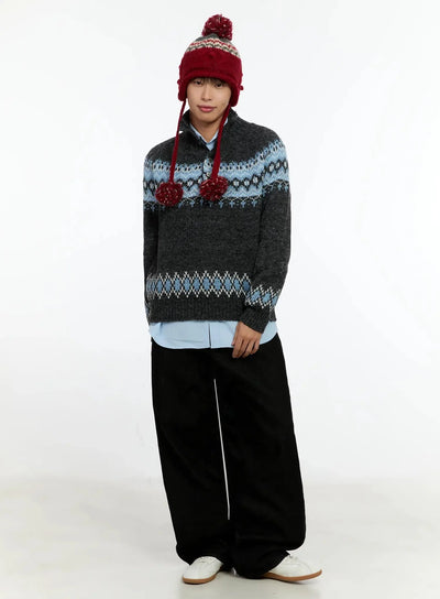 mens-patterned-high-neck-quarter-knit-sweater-in525 / Dark gray