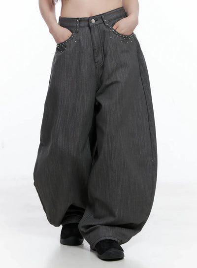 ann-rhinestone-wide-leg-jeans-cs501 / Dark gray