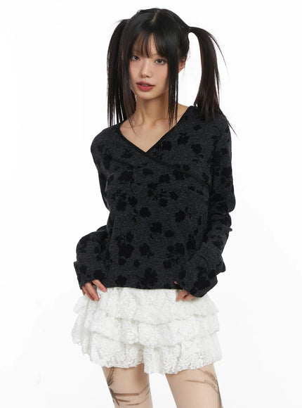 v-neck-floral-wrap-long-sleeve-top-cd518 / Dark gray