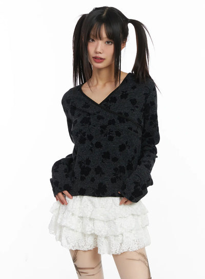v-neck-floral-wrap-long-sleeve-top-cd518 / Dark gray
