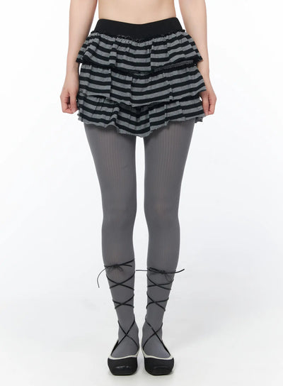 layered-ruffle-striped-skirt-cy506 / Dark gray