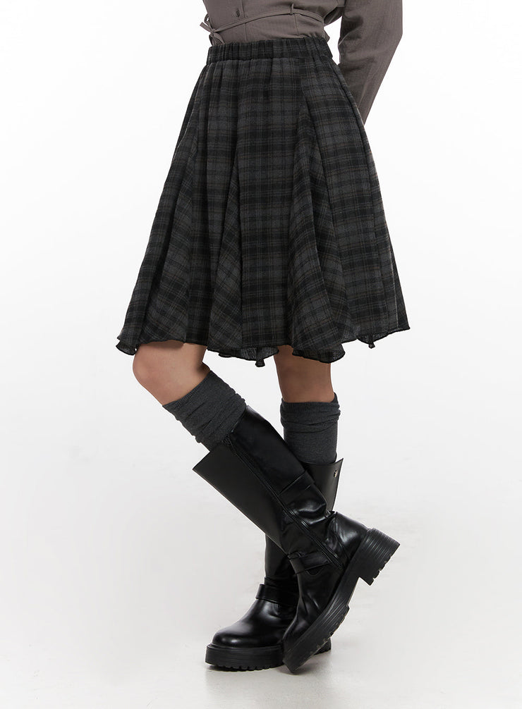 checkered-pleated-midi-skirt-cn426 / Dark gray