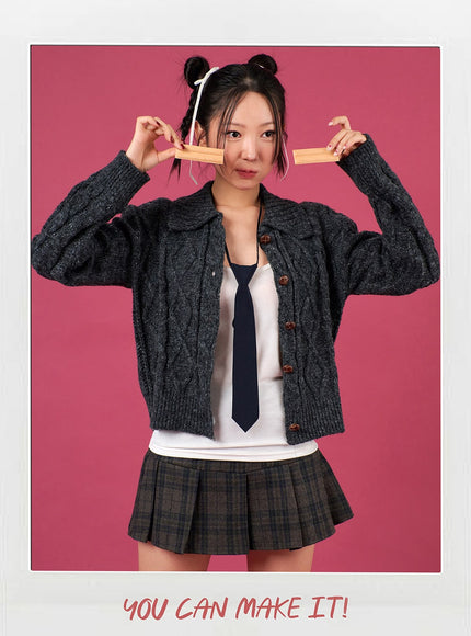wool-blend-cable-knit-collar-solid-button-cardigan-ij302 / Dark gray