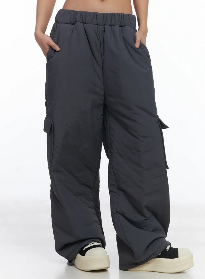 elastic-waist-wide-cargo-trousers-cj512 / Dark gray