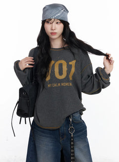 graphic-oversized-textured-long-sleeve-top-cj527 / Dark gray