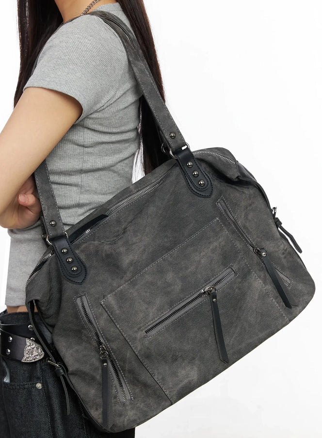vintage-leather-accent-shoulder-bag-im530 / Dark gray