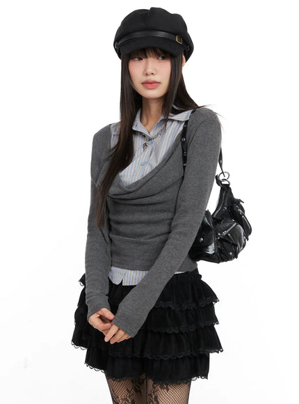 layered-striped-long-sleeve-top-cn520 / Dark gray