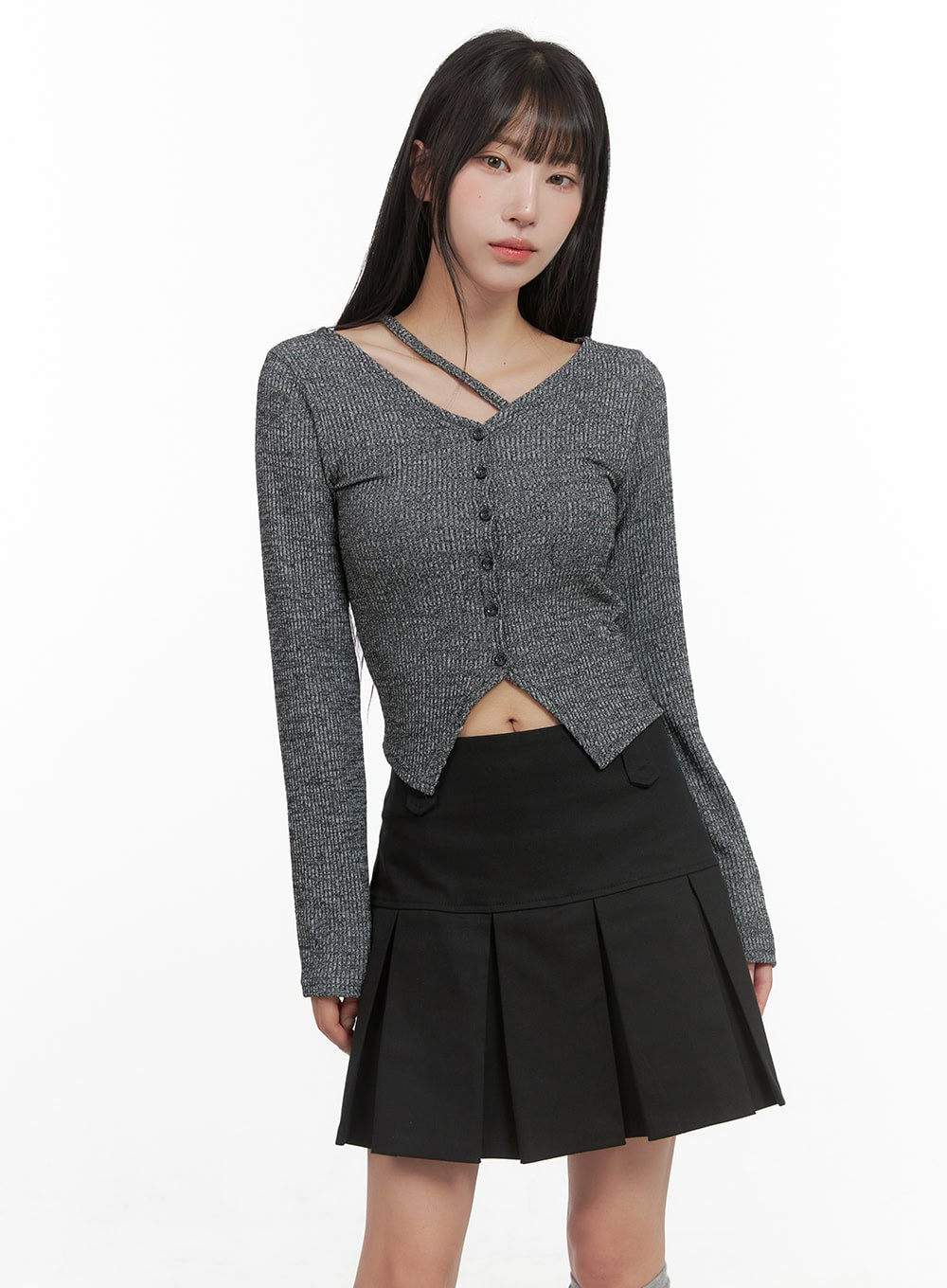 v-neck-buttoned-crop-cardigan-cg430 / Dark gray