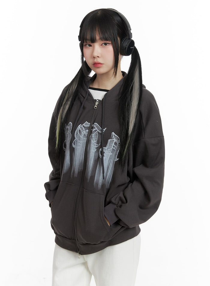graphic-lettering-oversized-hoodie-jacket-om426 / Dark gray