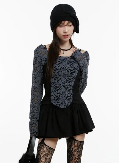 fleece-lace-long-sleeve-top-ij521 / Dark gray