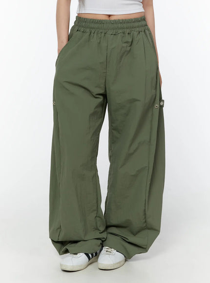 nylon-wide-leg-snap-pants-cy519 / Dark green