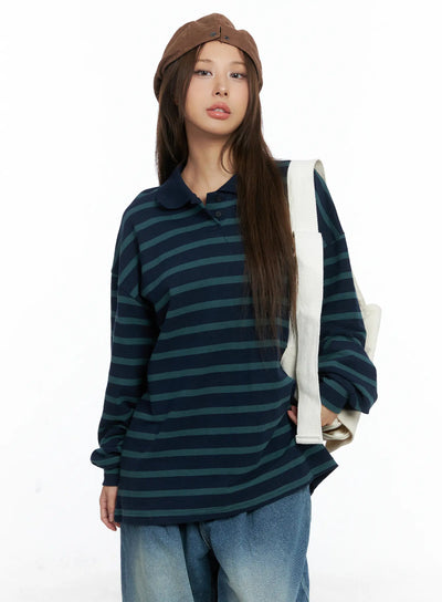 oversized-striped-collar-long-sleeve-tee-cs504 / Dark green