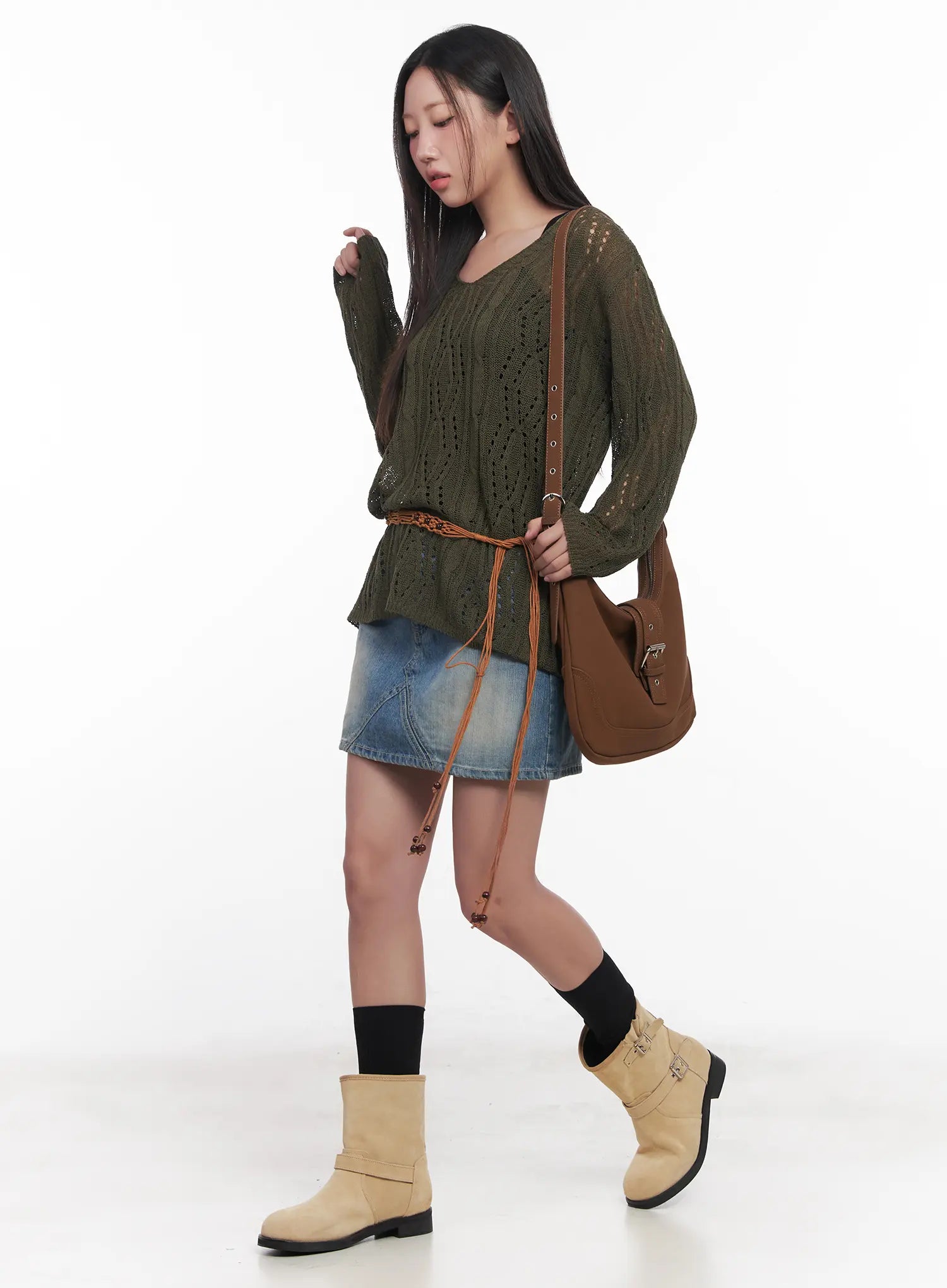 criss-cross-sheer-v-neck-sweater-cu516 / Dark green