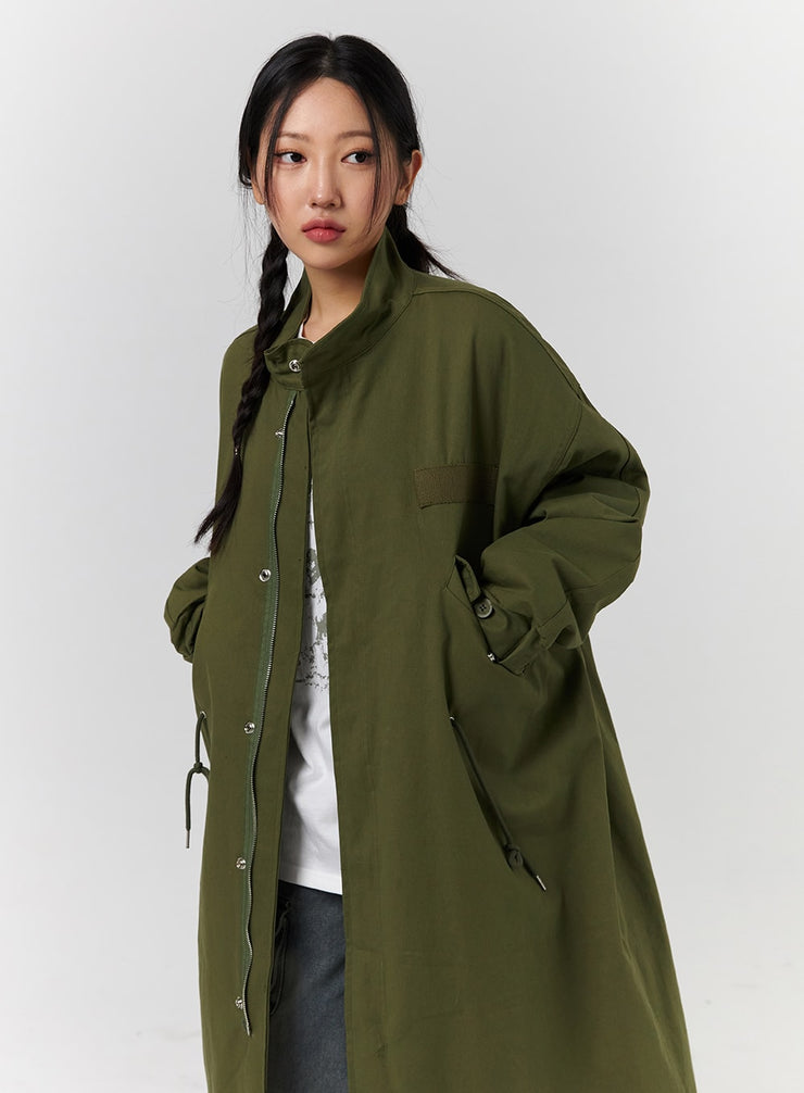 collar-solid-zipper-drawstring-long-jacket-cd328 / Dark green