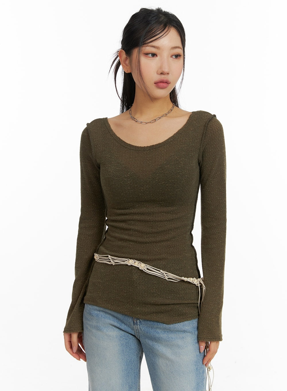 u-neck-stitch-detail-long-sleeve-cm411 / Dark green