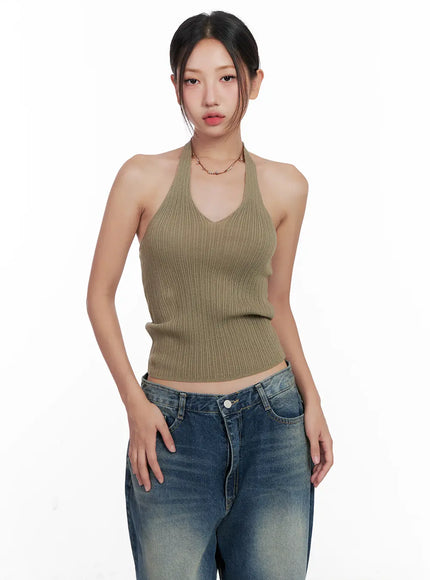 ribbed-halter-knit-crop-top-cl521 / Dark green