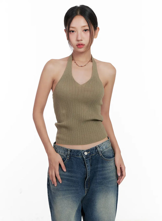 ribbed-halter-knit-crop-top-cl521 / Dark green