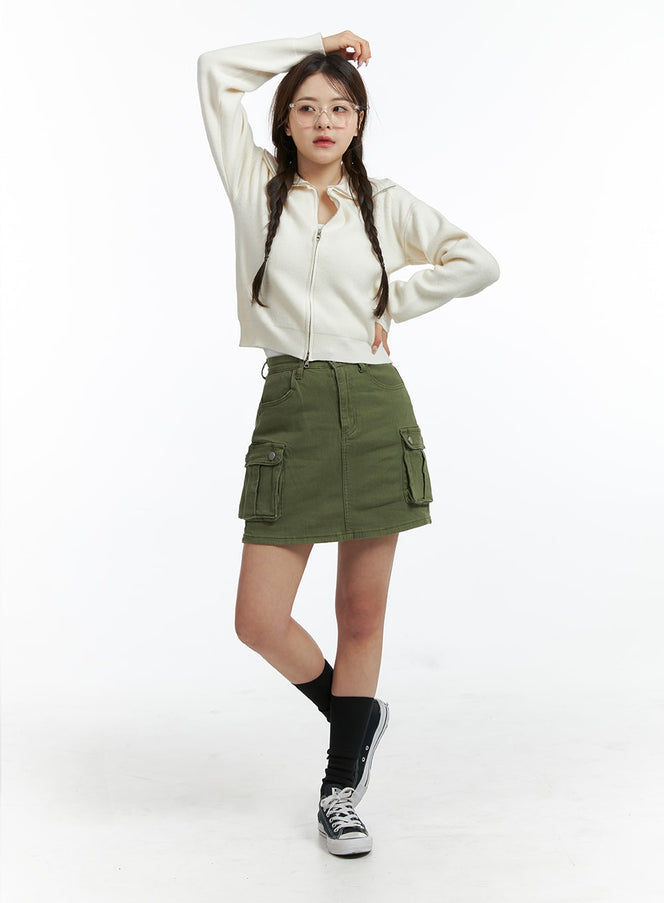 denim-high-waist-cargo-mini-skirt-oj415 / Dark green