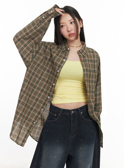 checkered-oversize-collared-t-shirt-im525 / Dark green